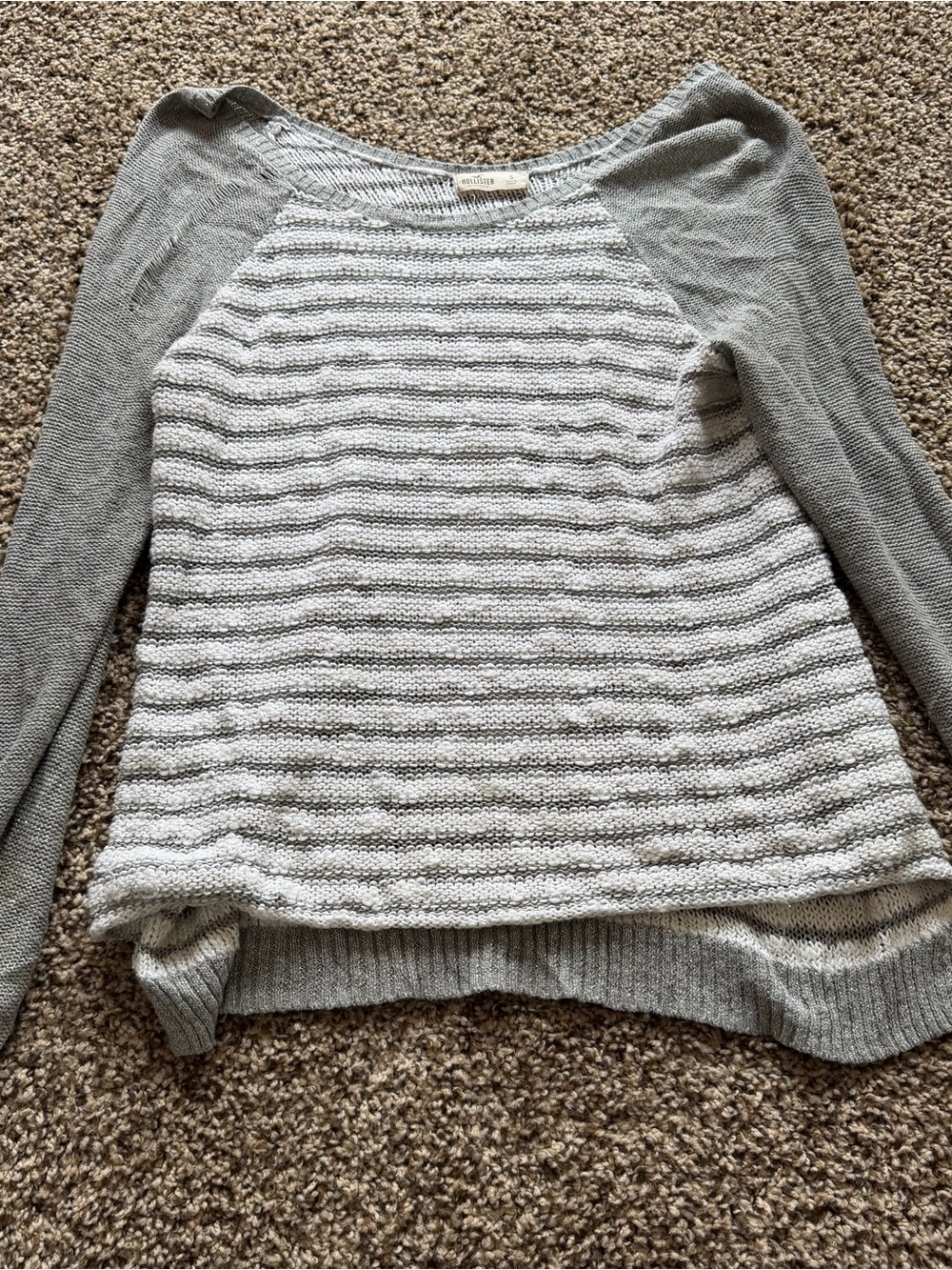 Hollister Light Gray and White Striped Crewneck Sweater Y2K